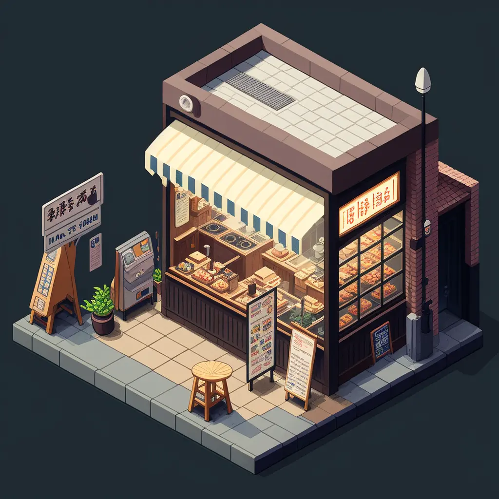 Isometric clean pixel art image of outside of Japanese bakery